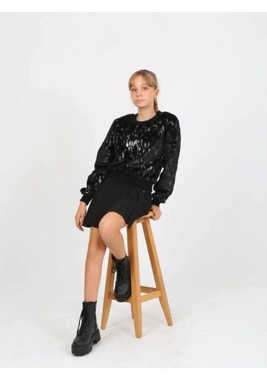 Kız Çocuk Peluş Işıltılı Kazak-14813 Siyah