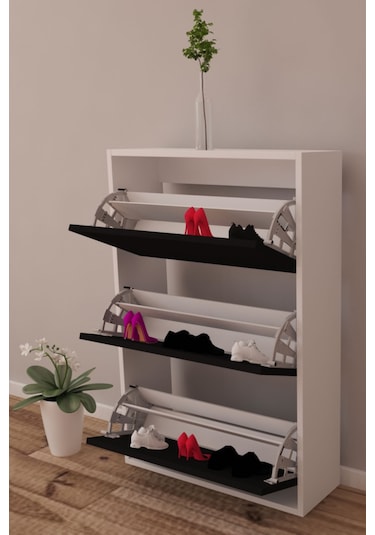 Moonlife 3 Kapaklı Kayar Raflı Ayakkabılık Siyah