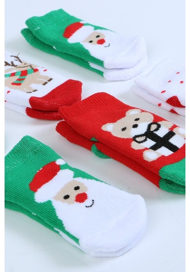 Pamuklu 6'lı Yılbaşı Noel Baba Kışlık Havlu Yenidoğan Bebek Çorap "Karışık Renkli"