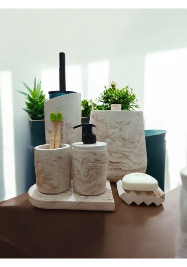 Mermer Serisi Beton Banyo Seti,çöp Kovasi,tuvalet Fırçası Takimı,tepsi,sıvı Ve Katı Sabunluk, Bej