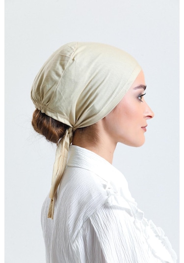 Bej Arkadan Bağlamalı Tesettür Bone Penye Kumaş Düz Bone 1011 12 Bej