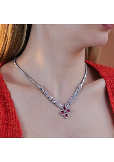 Kare Montür Ruby Gümüş Set Gümüş