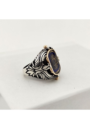 925 Ayar Gümüş Mavi Mineli Çift Taraflı Mührü Süleyman Erkek Yüzük Silver