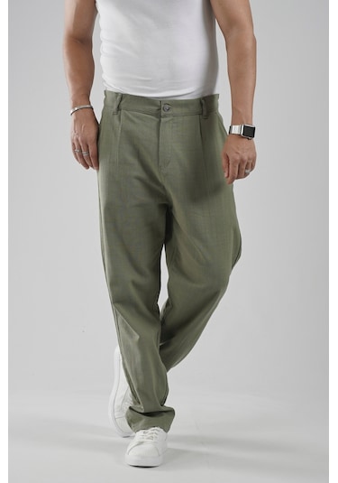 Baggy Fit Kalıp Pamuklu Keten Pantolon Haki