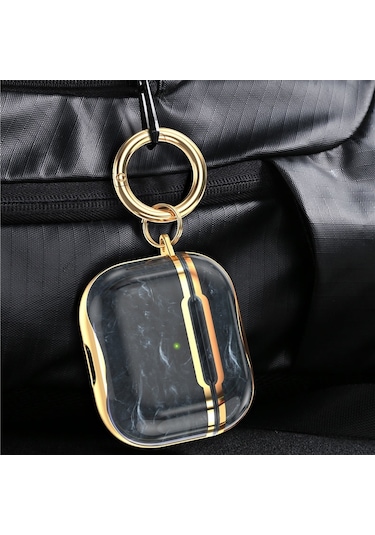 Mermer Doku Galvanik Çerçeve Kulaklık Koruyucu Kılıf Airpods Uyumlu 3 İçin Kanca İle Mor + Gümüş