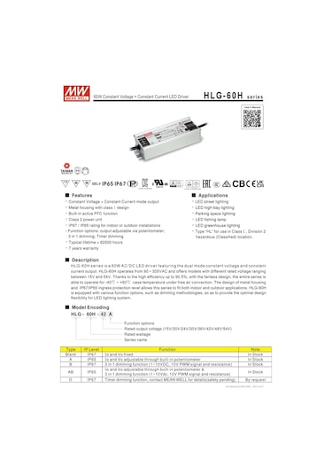 Meanwell Hlg-60h-24b -60w 1-10vdc 3in1 Dım Ip67 Led Sürücü Driver