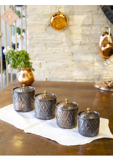 Bakır Baharat Takımı Desen Kakmalı Model Oksit Renk 4'lü Oksit Bakır