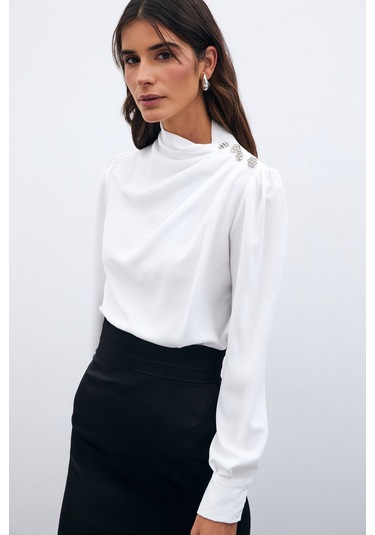 Sateen Düğmeleri Taş Detaylı Bluz - Ekru