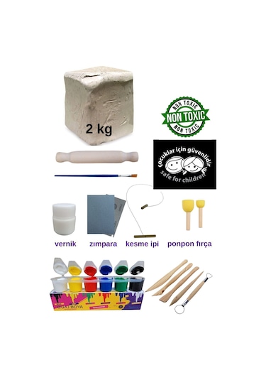Seramik Hamuru Başlangıç Seti - Guaj Boya, Ebeşuar, Merdane,fırça, 2000gr Beyaz Doğal Kil