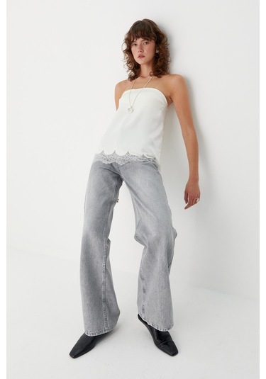 Wide Leg Denim Pantolon Gri Gri