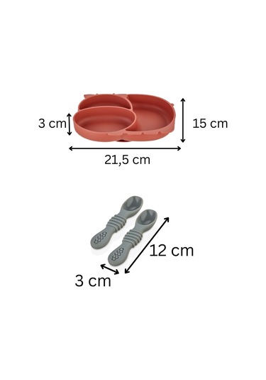 2'li Silikon Bebek Beslenme Seti / Bölmeli Mama Tabağı / Mama Kaşığı - Kiremit Rengi Kiremit