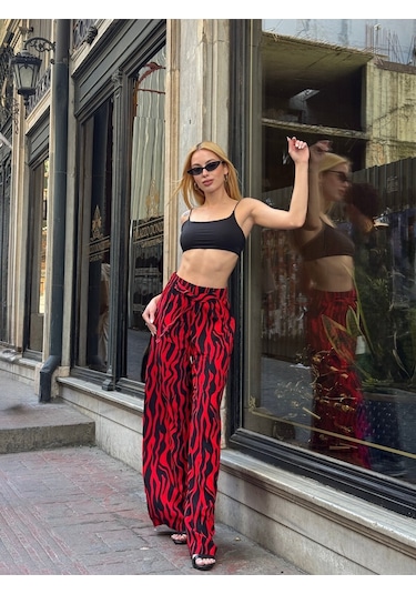 Kadın Yüksek Bel Kuşaklı Desenli %100 Viscose Pamuk Geniş Paça Şık Casual Büyük Beden Curve Pantolon Kırmızı