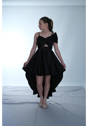 Kız Çocuk Abiye Siyah Askılı Saten Kuyruklu Önü Kurdele Detaylı Kız Çocuk Abiye 10-15 Yaş Siyah