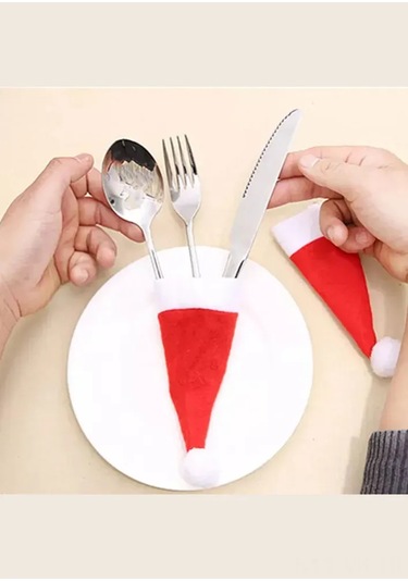 Vkemall Noel Tatlımı Santa Şapka Desenli 12 Cm 30'lu Masa Dekorasyon Seti - Çatal Bıçak Ve Şişe Süsü İçin Dayanıklı Fiber Ve Sahte Süet Malzeme Kırmızı