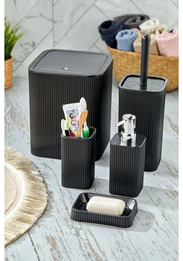 Line 5 Parça Kare Banyo Seti - Çöp Kovası Wc Fırçası Sıvı-katı Sabunluk Diş Fırçası Siyah