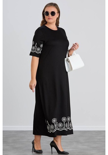 Wearon Kadın Aysar Kısa Kol Baskılı İki İp Boydan Siyah Elbise Siyah