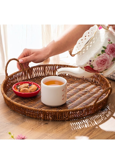 Porsima 710-c Yuvarlak 3'lü Hasır Tepsi Dekoratif Sunum Tepsisi