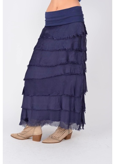 İtalyan 2 Beden Ince Gösteren Kat Kat Ipek Etek & Straplez Elbise Lacivert