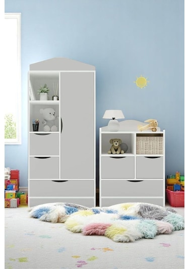 Floradesign Çocuk Odası Takımı Gardırop Şifonyer Gri Beyaz