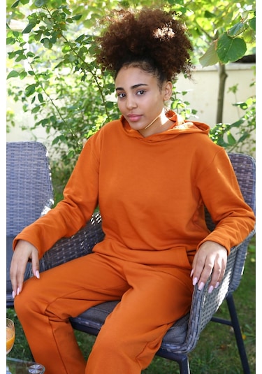 Akbeniz Kadın Pamuk Kapşonlu Cepli 3 İplik Kiremit Eşofman Takım 9037-kiremit Kiremit