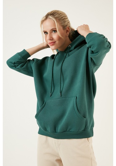 Lela Regular Fit Pamuklu Kapüşonlu Yaka Şardonlu Kışlık Bayan Sweat 5863854 Nefti