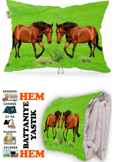 At Desen Baskılı Tv Battaniyeli Opsiyonel Dekoratif Hediye Yastık Battaniye 2in1 Gifts Çok Renkli