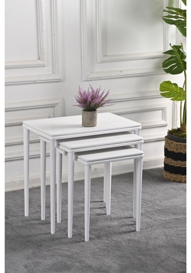 Mdf Ahşap Kaplama Ceviz Çift Kalınlık Eko Düz Ayaklı Cilalı 3'lü Zigon Sehpa Takımı - El Işçiliği - Beyaz-beyaz