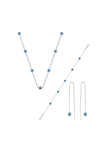 Gümüş Rodyumlu,Cam Göz Nazar Kolye Küpe Ve Bileklik Gümüş Set