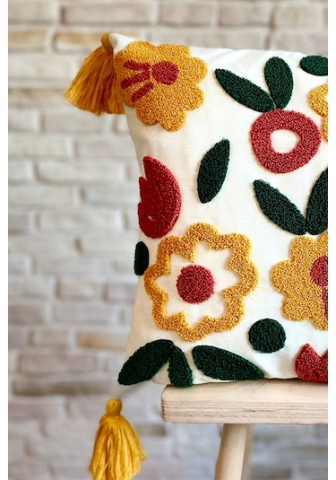 Swita Home Punch İşlemeli Tekli Dekoratif Özel Tasarım Kırlent Kılıfı Panç Yeşil - Kırmızı