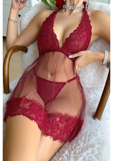 Merry See Dantelli Transparan Tangalı Gecelik Takım Kırmızı