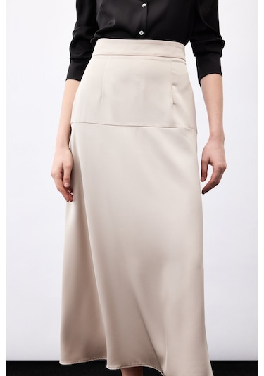 Sateen Yüksek Bel Saten Etek - Vizon-136787 Vizon