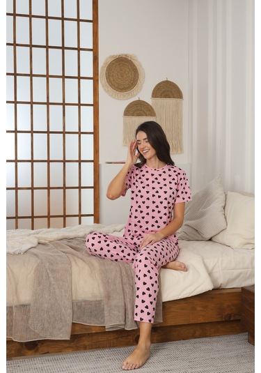 Kadın Yazlık Kısa Kol Penye Süprem Kumaş Pijama Takımı Pembe Siyah