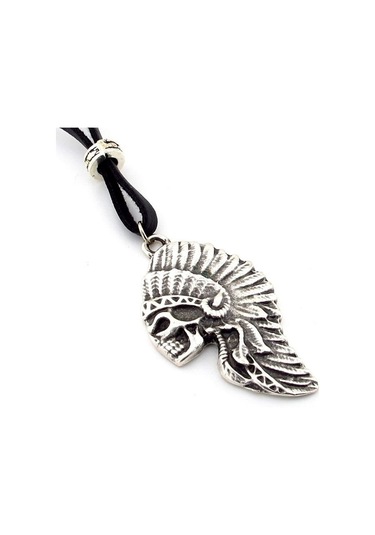 Solfera Kızılderili Kurukafa Siyah Deri Metal Erkek Kolye Q0592 Gümüş