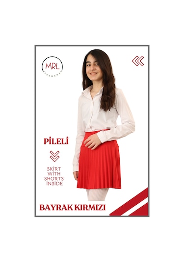 Kız Çocuk Pileli Etek Kırmızı Yüksek Bel İçi Şortlu Likra Kumaş Okul-oyun-spor-etkinlik Eteği 4105 Kırmızı