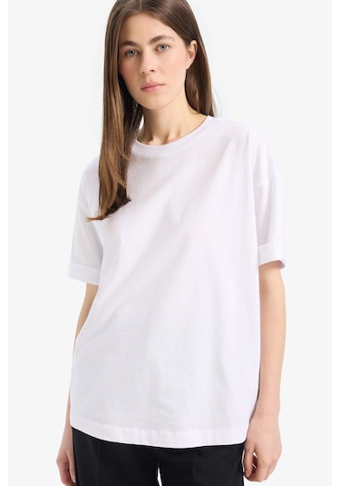 DeFacto Oversize Geniş Kalıp Bisiklet Yaka Penye Basic Düz Kısa Kollu Beyaz Tişört C0099AX25SPWT34