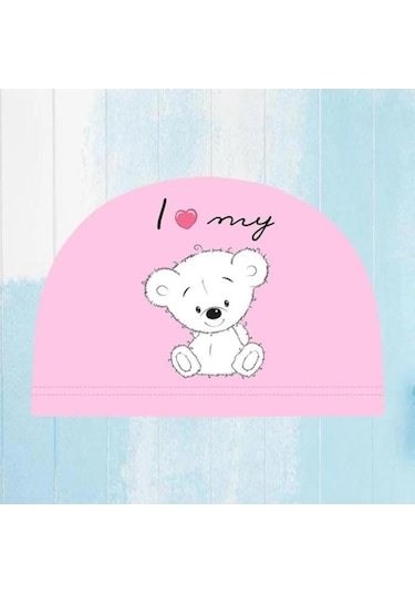 Çocuklar İçin Pembe Ayıcık Figürlü Deniz Havuz Bonesi, Likralı Bez Bone Yüzücü Deniz Bonesi, Su Spor Pembe