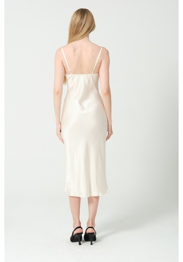 Degaje Döküm Saten Midi Elbise KREm Krem
