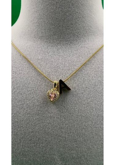 14k Altın Renginde A Harf Pembe Kalpli Minimal Çelik Kadın Kolye Altın