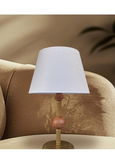 Çift Ahşaplı Abajur Eskitme Krem Rengi Şapkalı Kahverengi