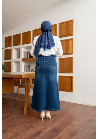 Neways 2254-denim Klasik Etek Koyu Mavi Koyu Mavi