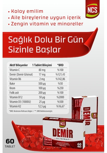 Ncs Demir Glisinat Vitamin D3 K2 Folik Asit Complex 60 Tablet