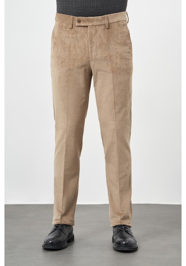 Bej Fitilli Desen Kadife Pamuklu Yan Cep Comfort Fit Classic Pantolon 1003245160 Bej