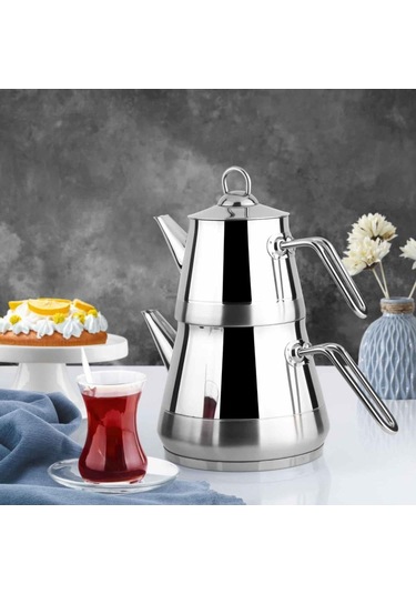 Yonca Lines Piramit Mini Boy Çelik Çaydanlık Metal Sap Gri