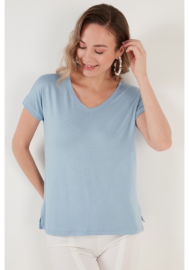 Lela V Yaka Rahat Kesim Yırtmaçlı Bayan Bluz 5862000 Bebe Mavi