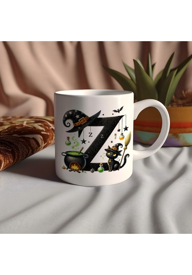 Z Harfli Halloween Kedili Figür Kupa Bardak - Şapkalı Ve Kazanlı İsme Özel Kupa - Hediye Beyaz