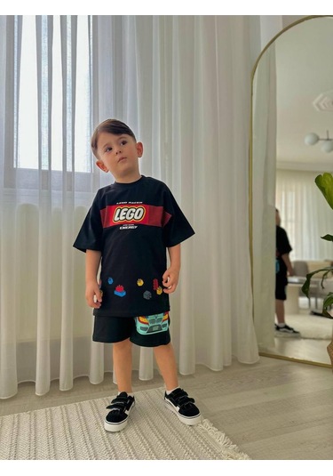 Miniko Kids Erkek Çocuk Legoo Modelli Baskılı Şortlu Pamuk Takım Siyah