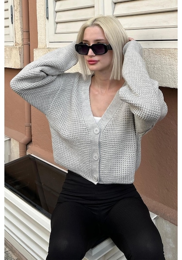 Madmext Gri Uzun Kollu Düğmeli Crop Hırka Mg2198 Gri