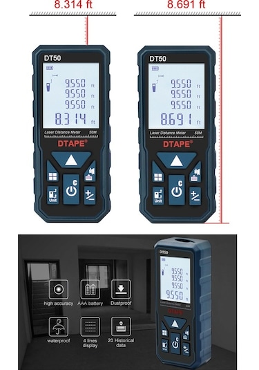 Pazly Taşınabilir Yüksek Hassasiyetli Mini Mesafe Ölçer, 50m Alan/hacim Ölçüm, 20 Veri Depolama, Lcd Ekran