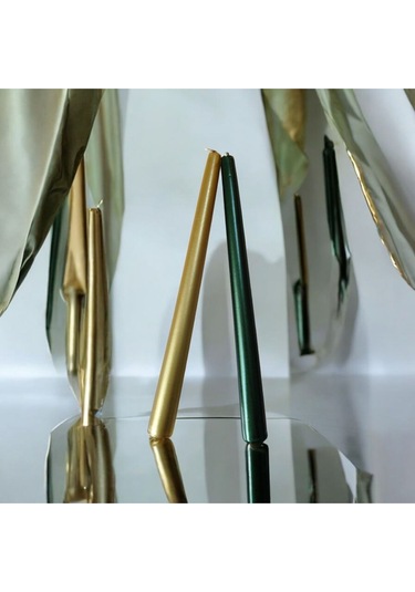 Denic 4 lü Metalik Yeşil ve Gold  Şamdan Mum Konik Mum