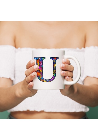 U Harfi Bardak 330 Ml İsme/harfe Özel Hediye, Renkli Harf Tasarım Beyaz